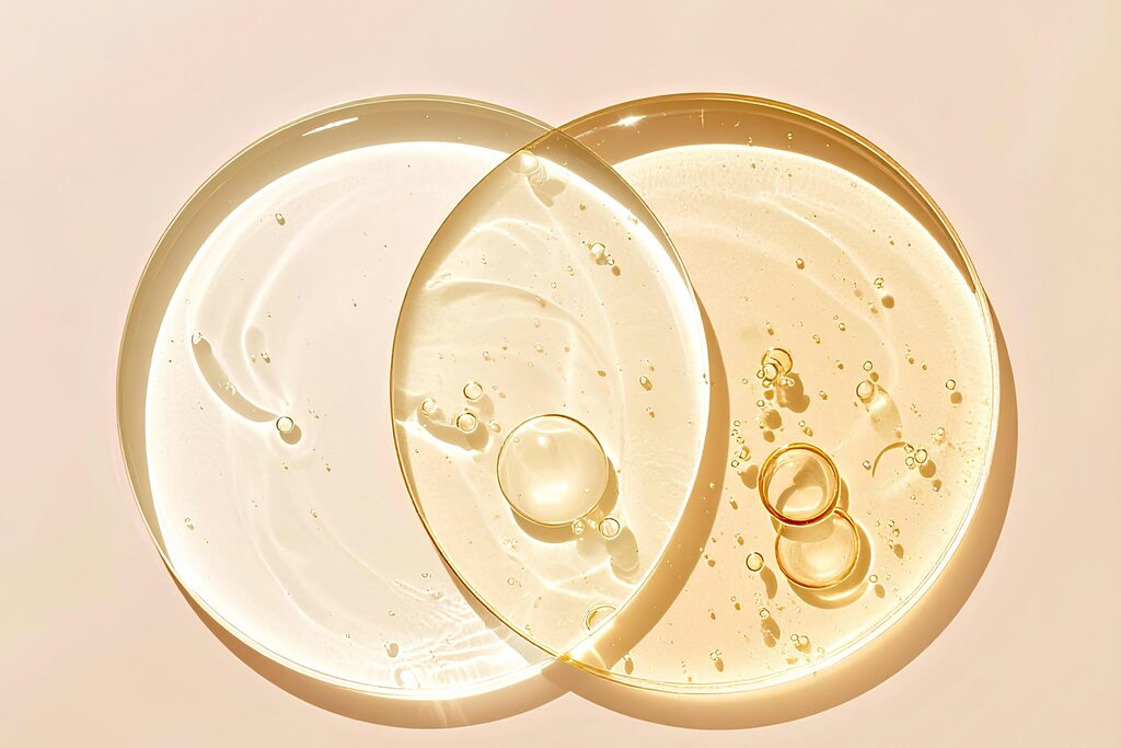 A dropper releasing a bead of clear serum against a warm neutral background