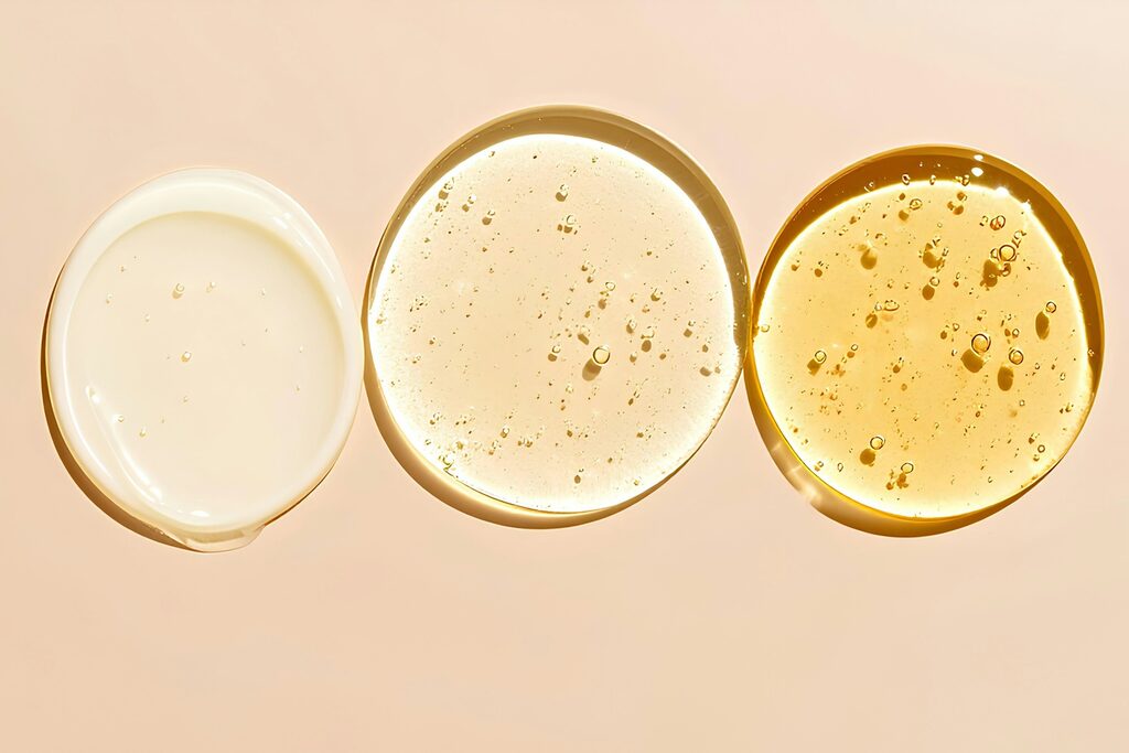 Skincare bottles and a serum dropper arranged on a pale stone surface